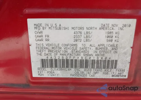2011 Mitsubishi Galant Es/Se from USA, damaged, VIN 4A32B3FFXBE016404